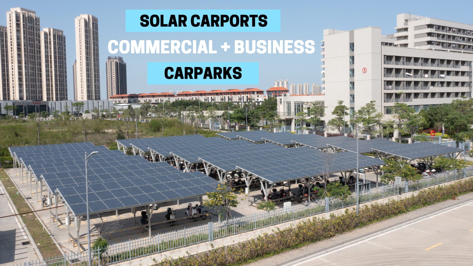 Large commercial solar carport installation over multiple parking spaces