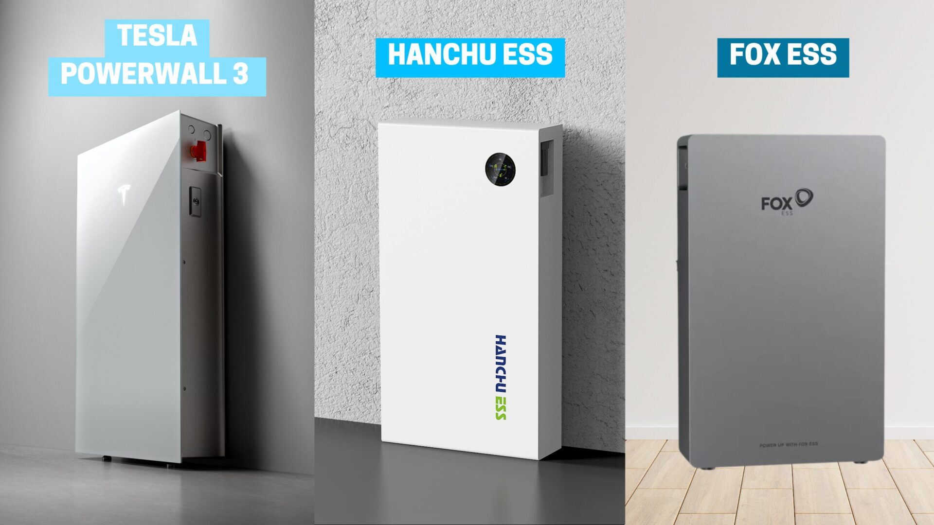Tesla Powerwall 3, Hanchu ESS, and Fox ESS battery units with smartphone app interface
