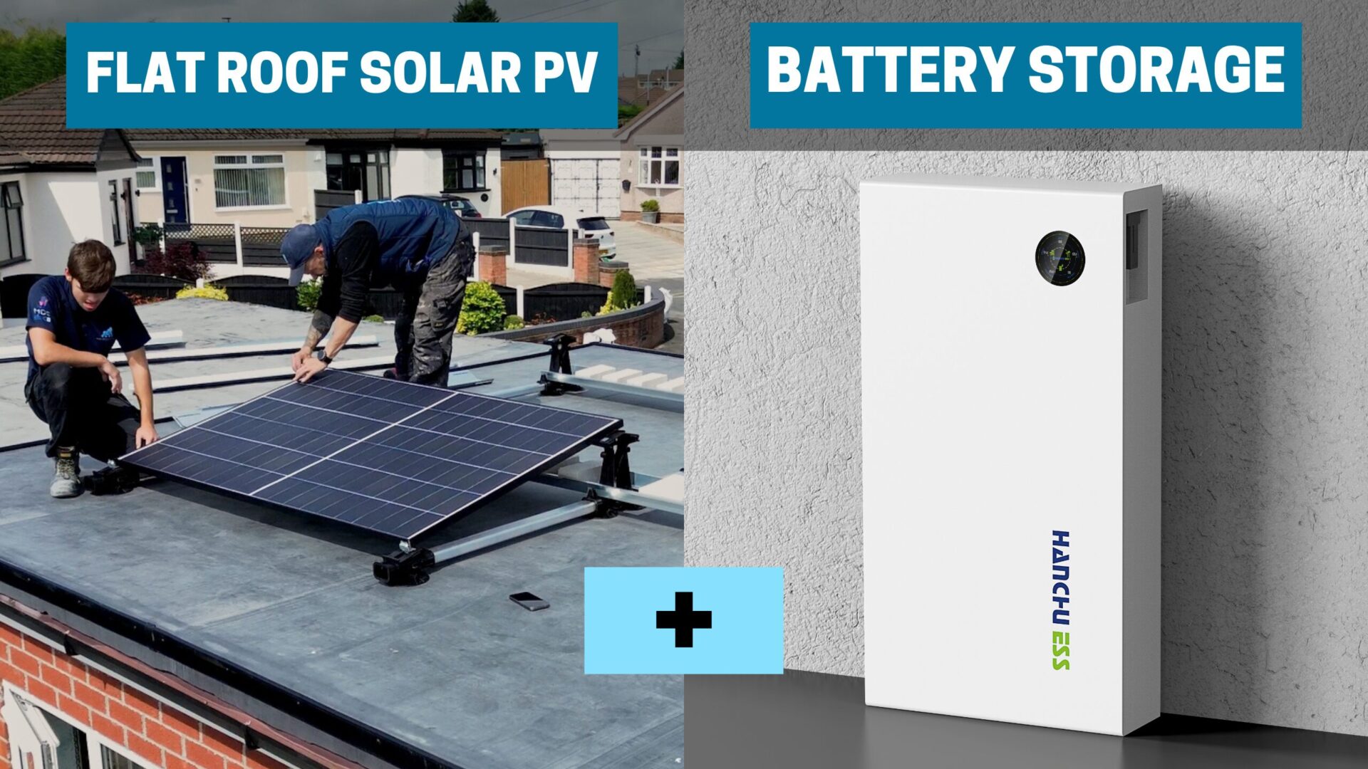 Diagram of flat roof solar panels connected to a home battery system