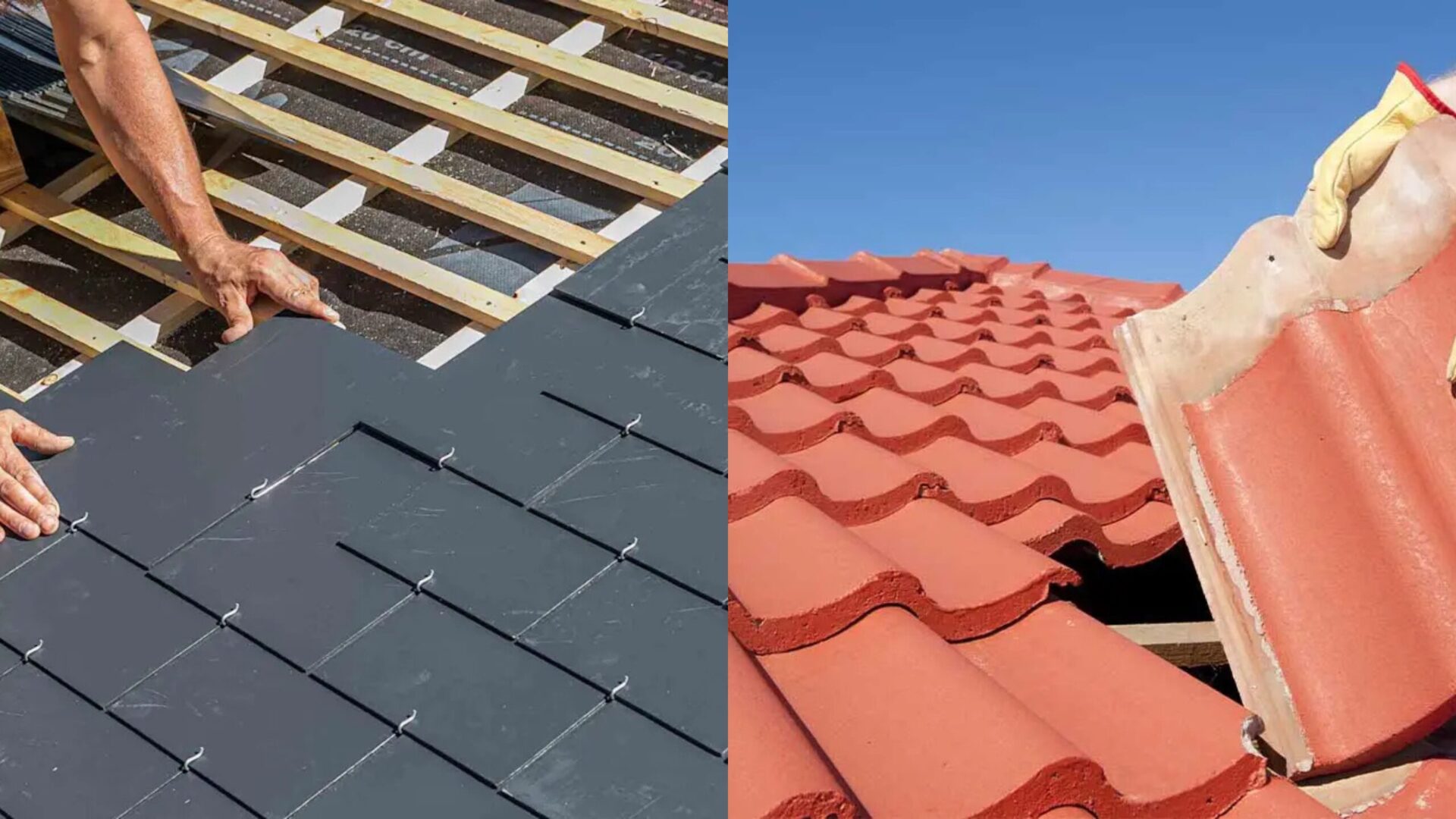 A team reroofing a house with new slate tiles