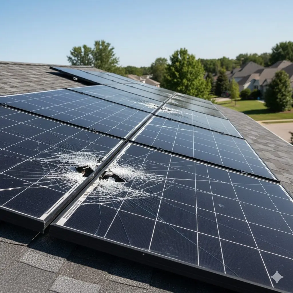 Damaged solar panels needing replacement