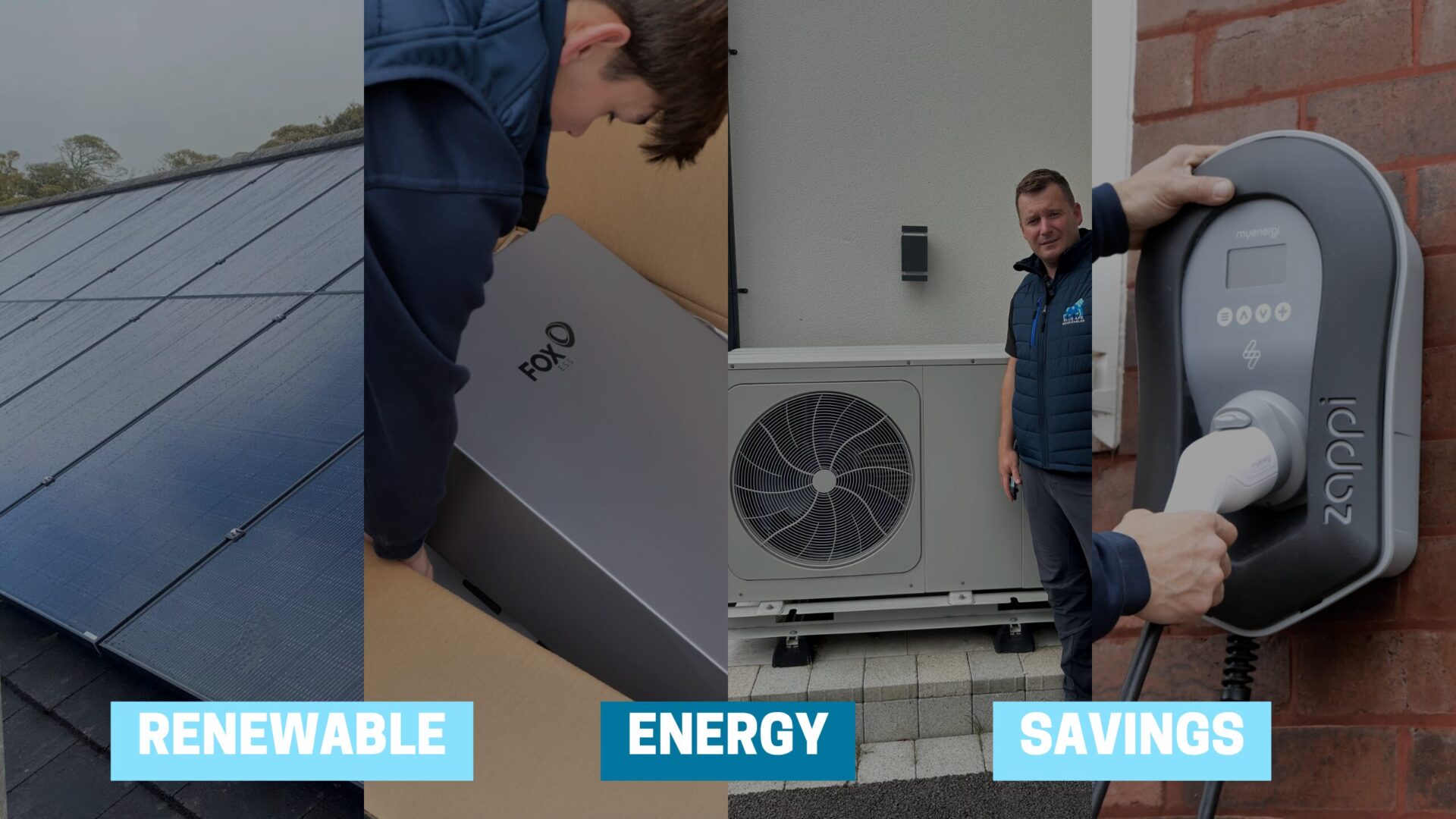 A house with solar panels, a heat pump, and an EV charger, showing savings