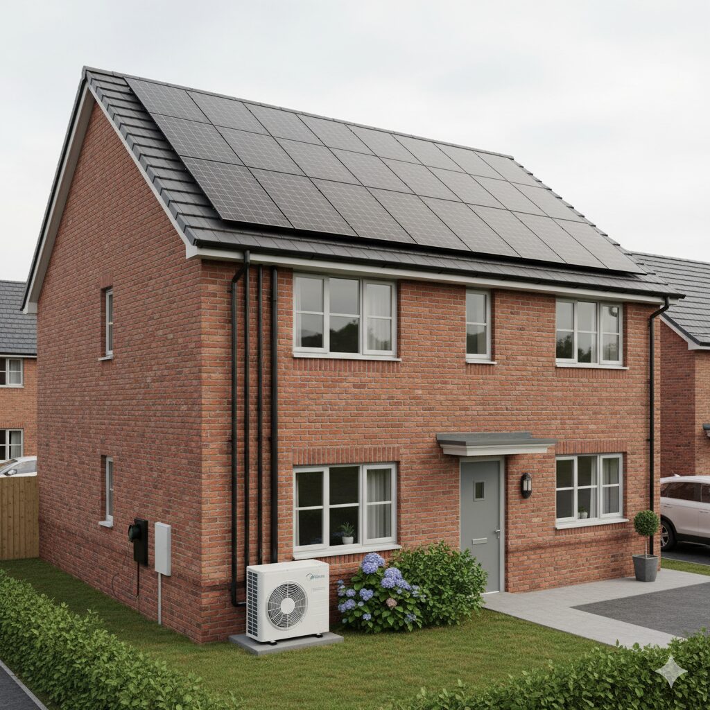 A house showing both solar panels and an air source heat pump