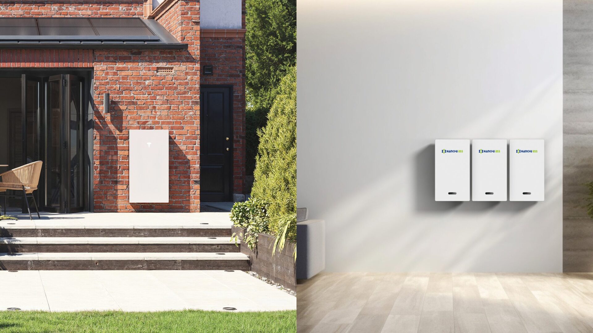 A home battery storage unit, like a Tesla Powerwall, installed in a garage