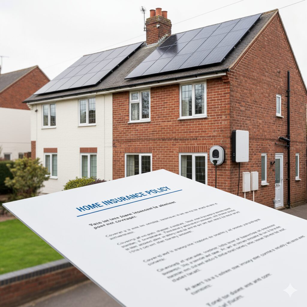 A home insurance policy document next to a model house with solar panels